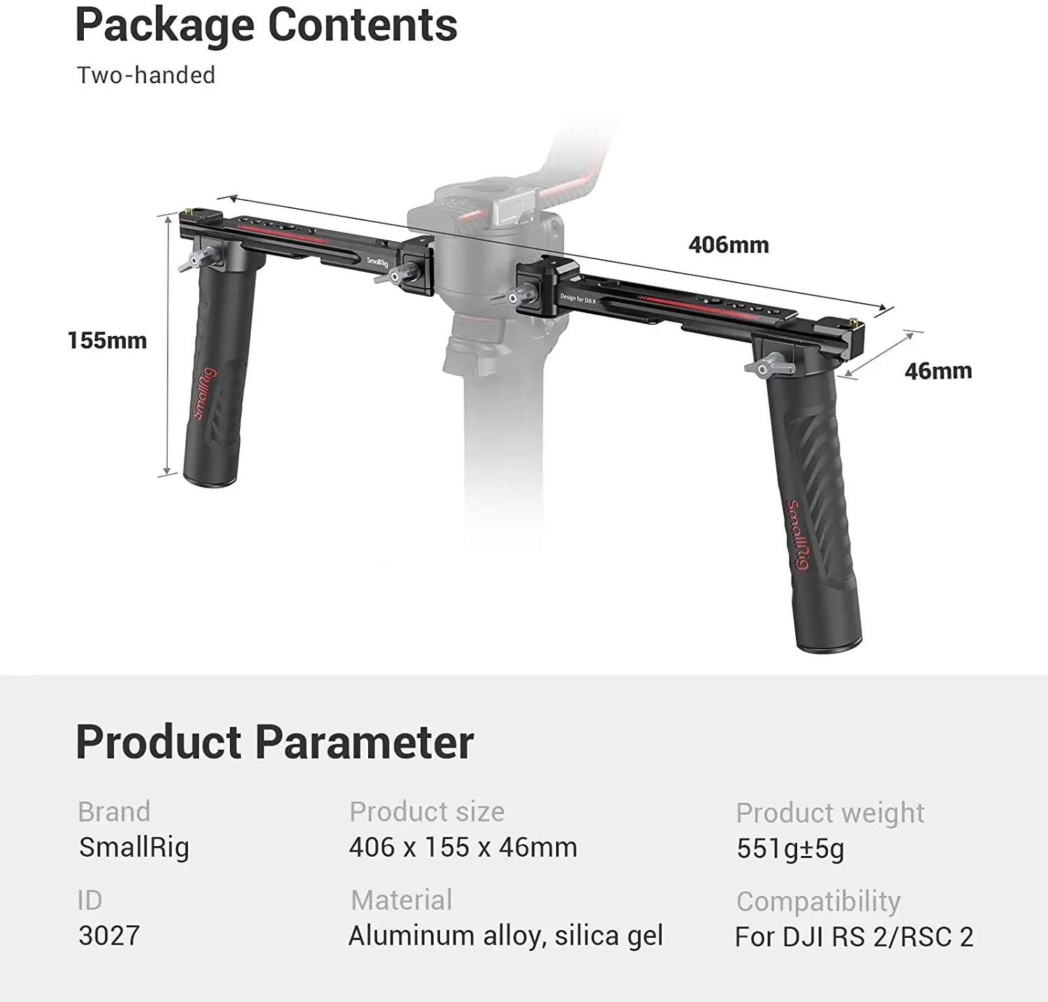 Handheld Stabilizer Gimbal - SmallRig 3027 Ayarlanabilir Çift Tutamak, DJI