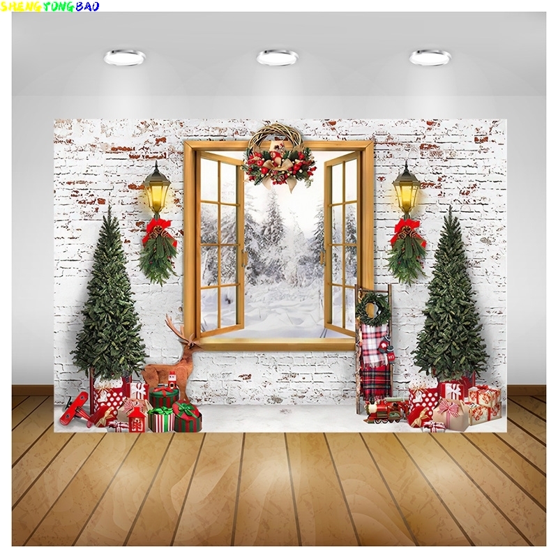 Photography Backdrop Muslin - Vinil Özel Noel Ağacı Pencere Çelenk